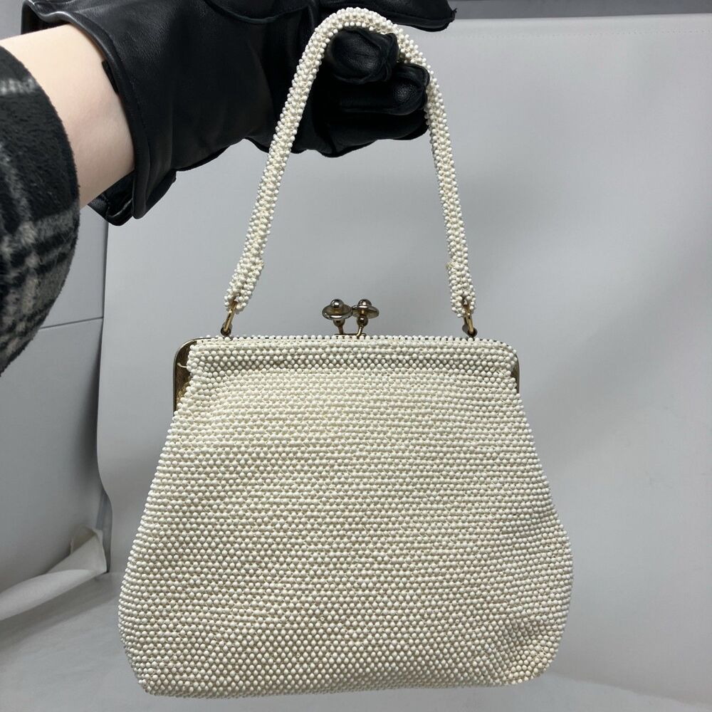 1950's Corde Bead Lumured Bag Purse Ivory Cream Beaded Handbag Evening Glam